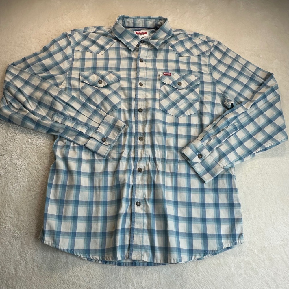Wrangler Mens Blue White Plaid Western Long Sleeve Shirt Large 112366774